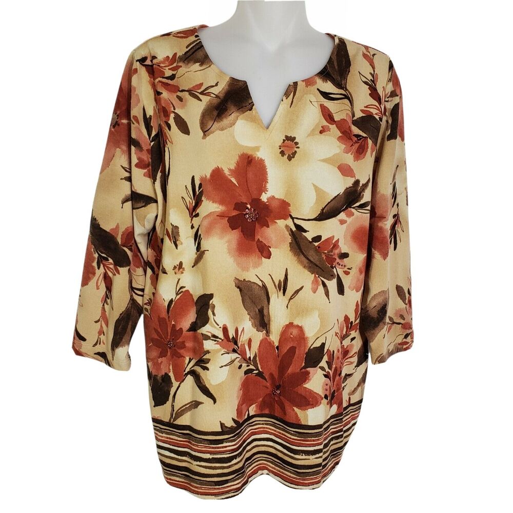 Alfred Dunner Womens Top Small Floral 3/4 Sleeve Embellished Striped Split V Nec